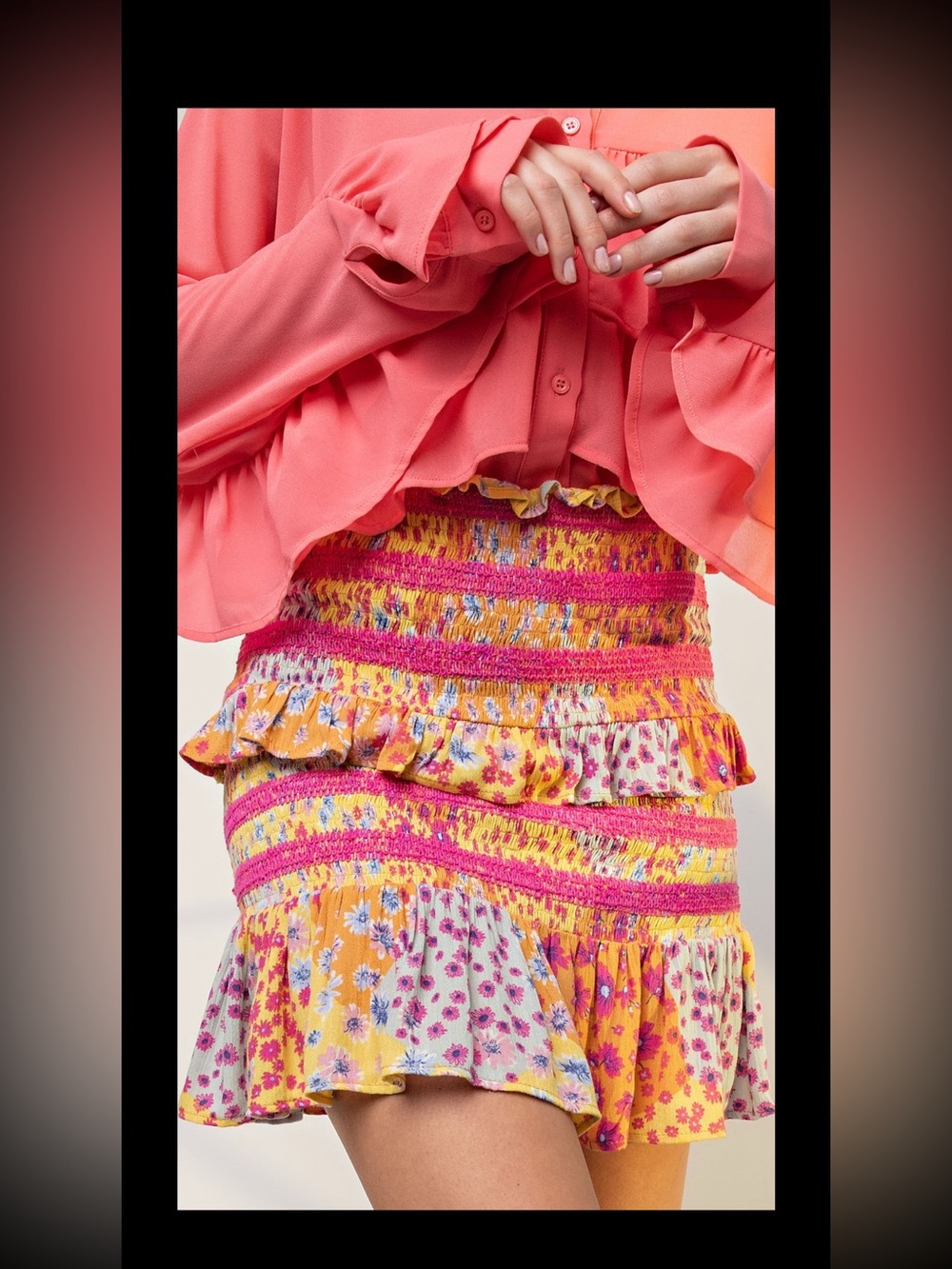 easel Floral Smocked Ruffle Mini Skirt in Coral, Yellow & Pink